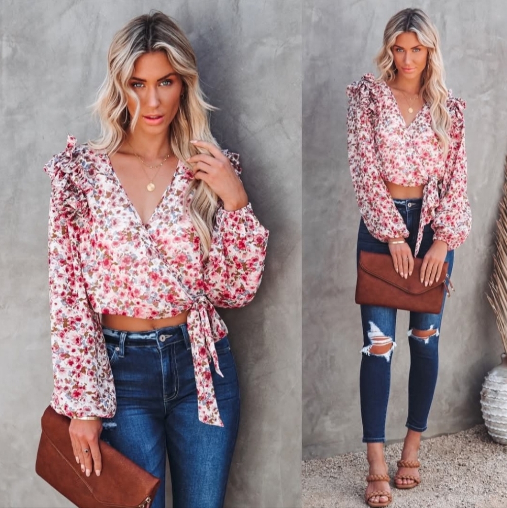 VICI Ruffle Crop Chiffon Wrap Blouse